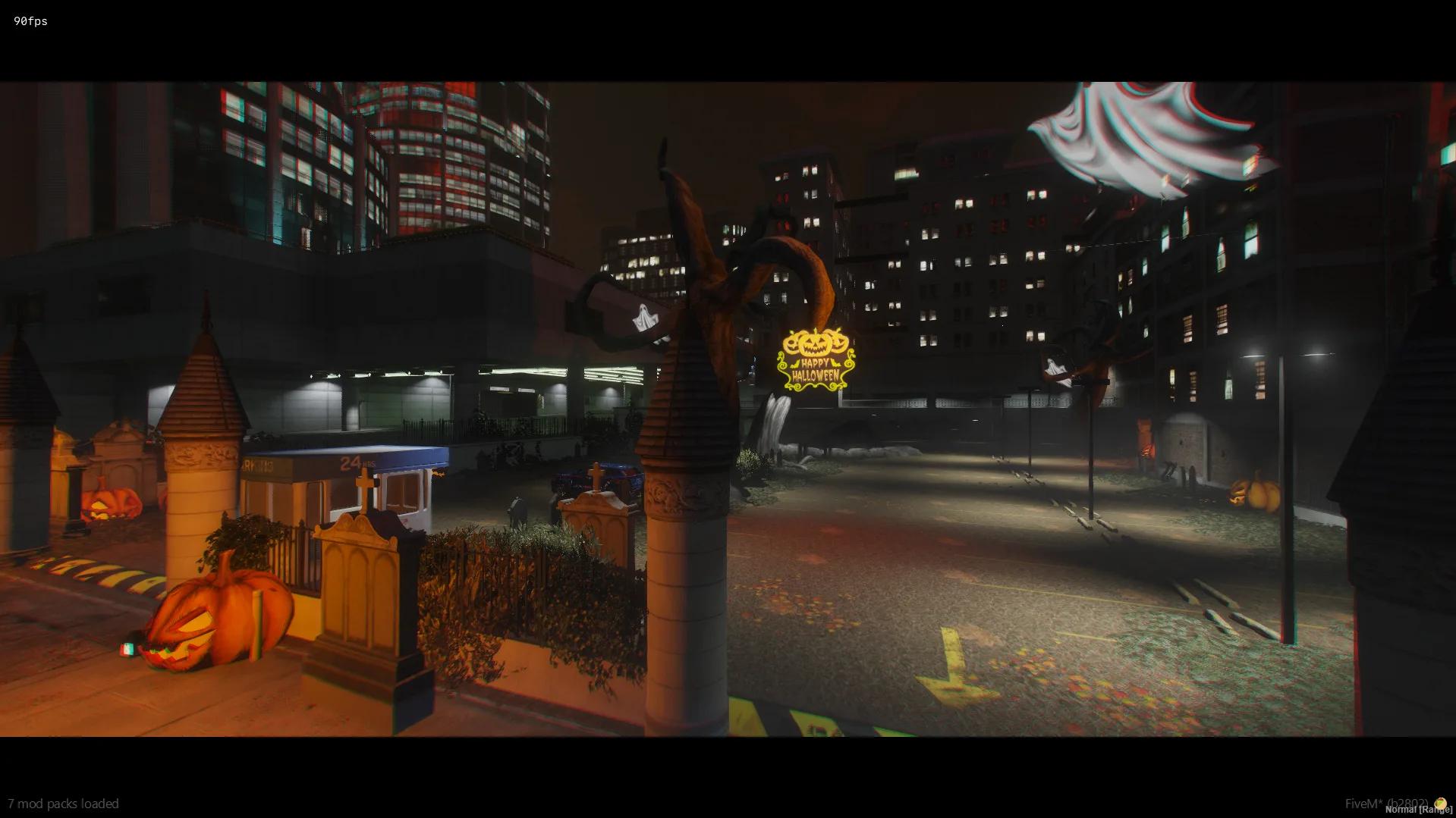 Legion Square parking lot turned into a graveyard entrance with a Happy Halloween sign and a ghost