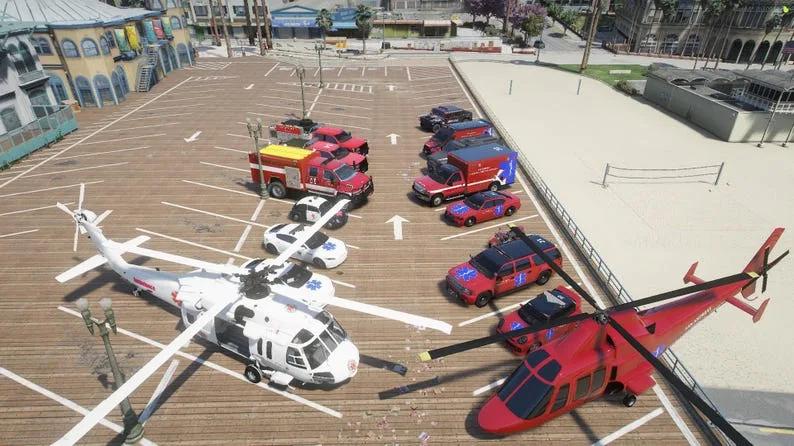 Overhead view of all 15 EMS vehicles, including two helicopters
