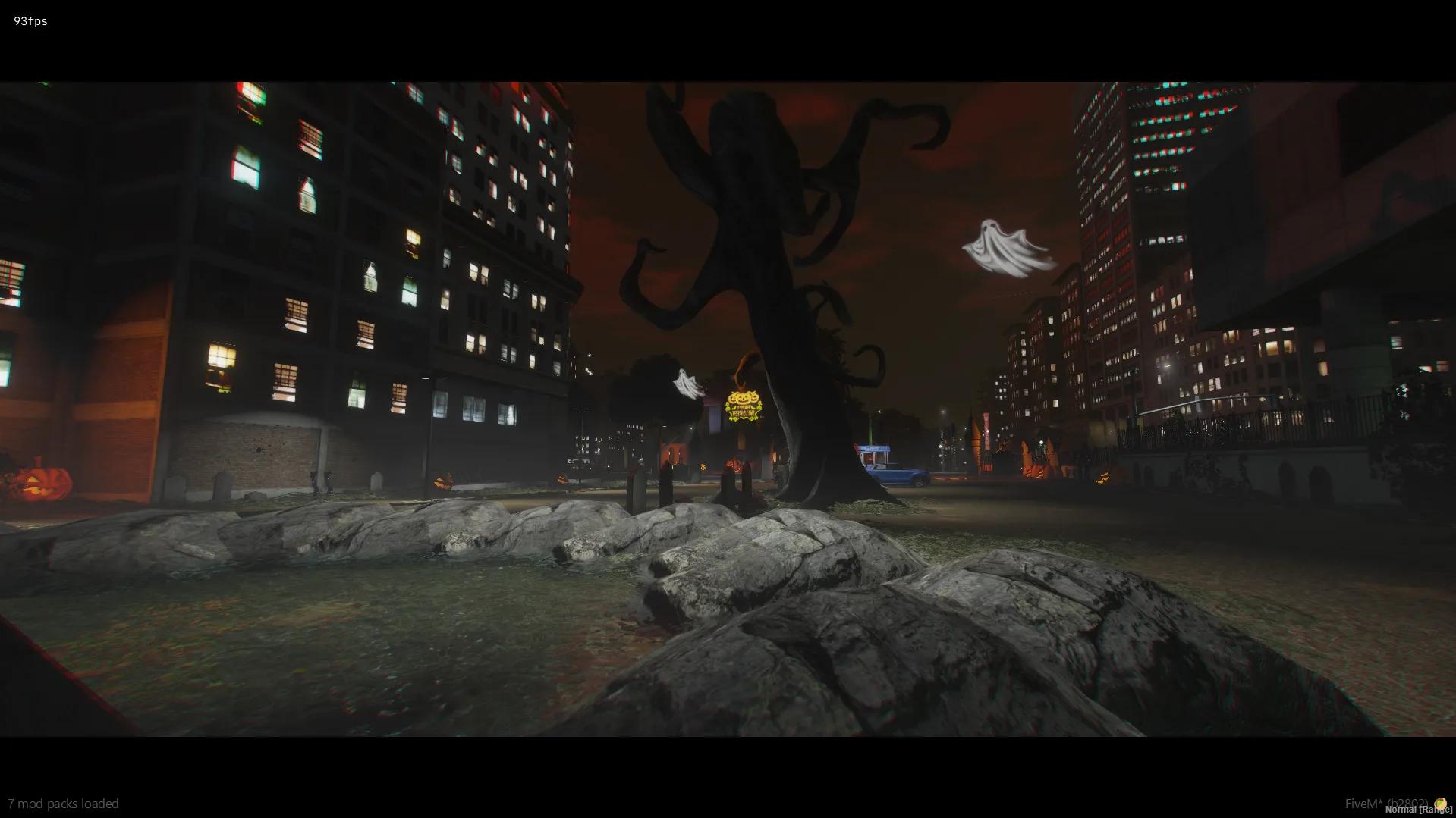 Twisted dead tree, gravestones and floating ghosts in Legion Square park