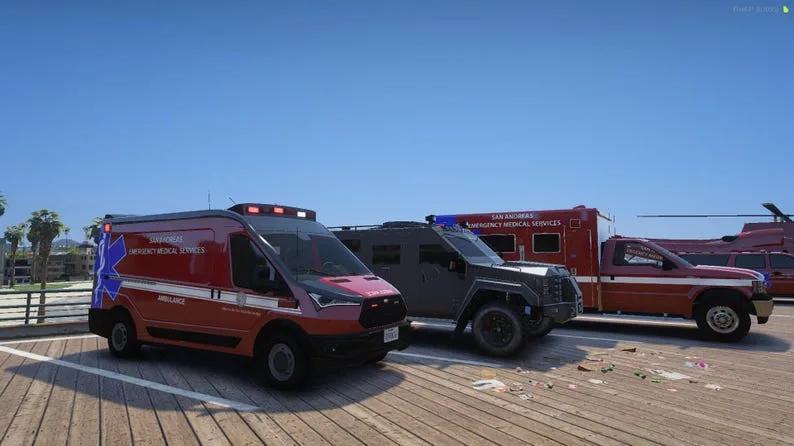 Ambulance van, armored rescue truck and box ambulance on the pier