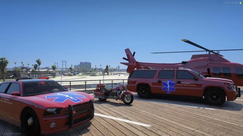 EMS sedan, motorcycle, SUV and red helicopter with San Andreas EMS liveries
