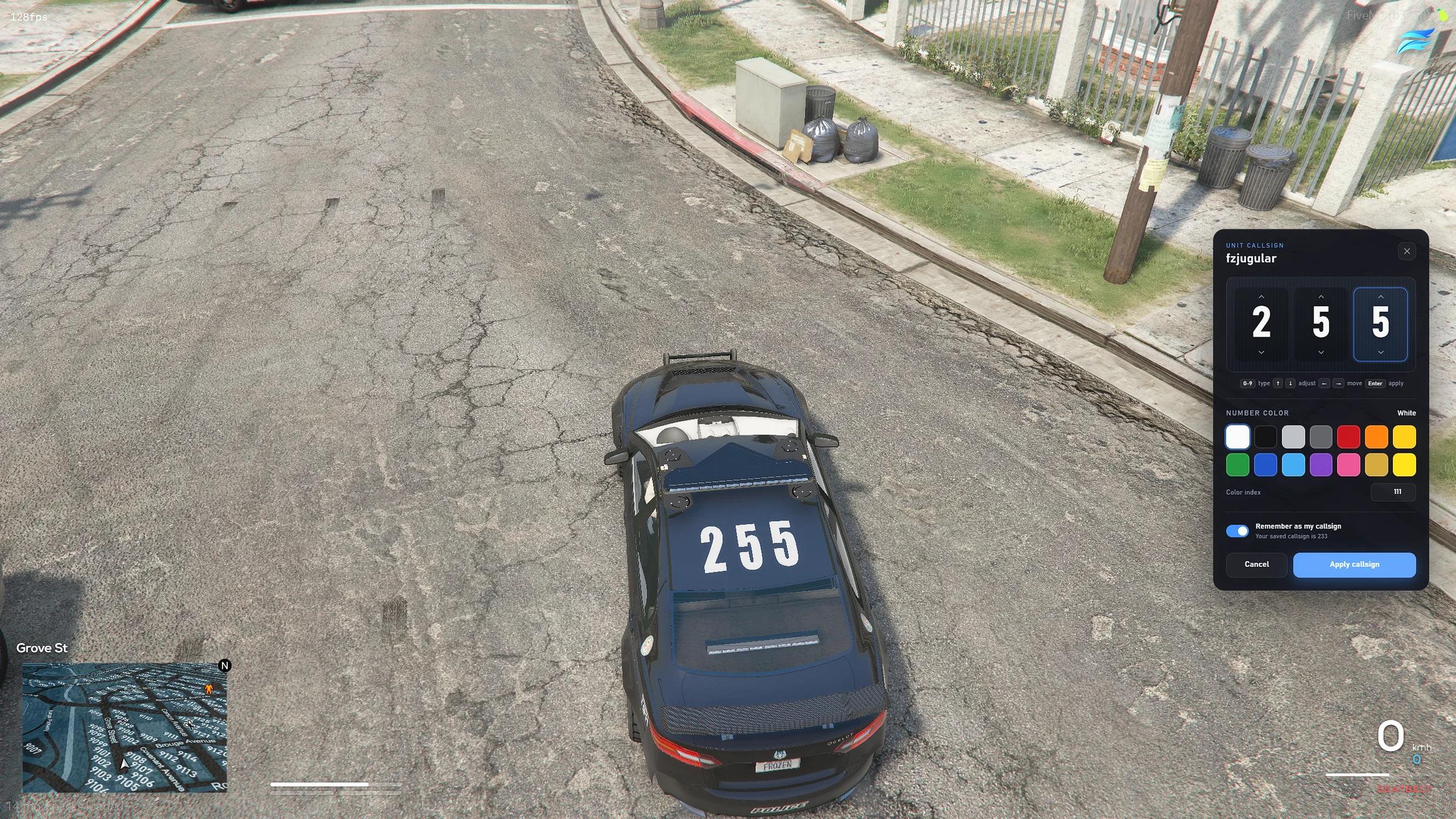 Setting callsign 255 on a police car roof from the in-game menu