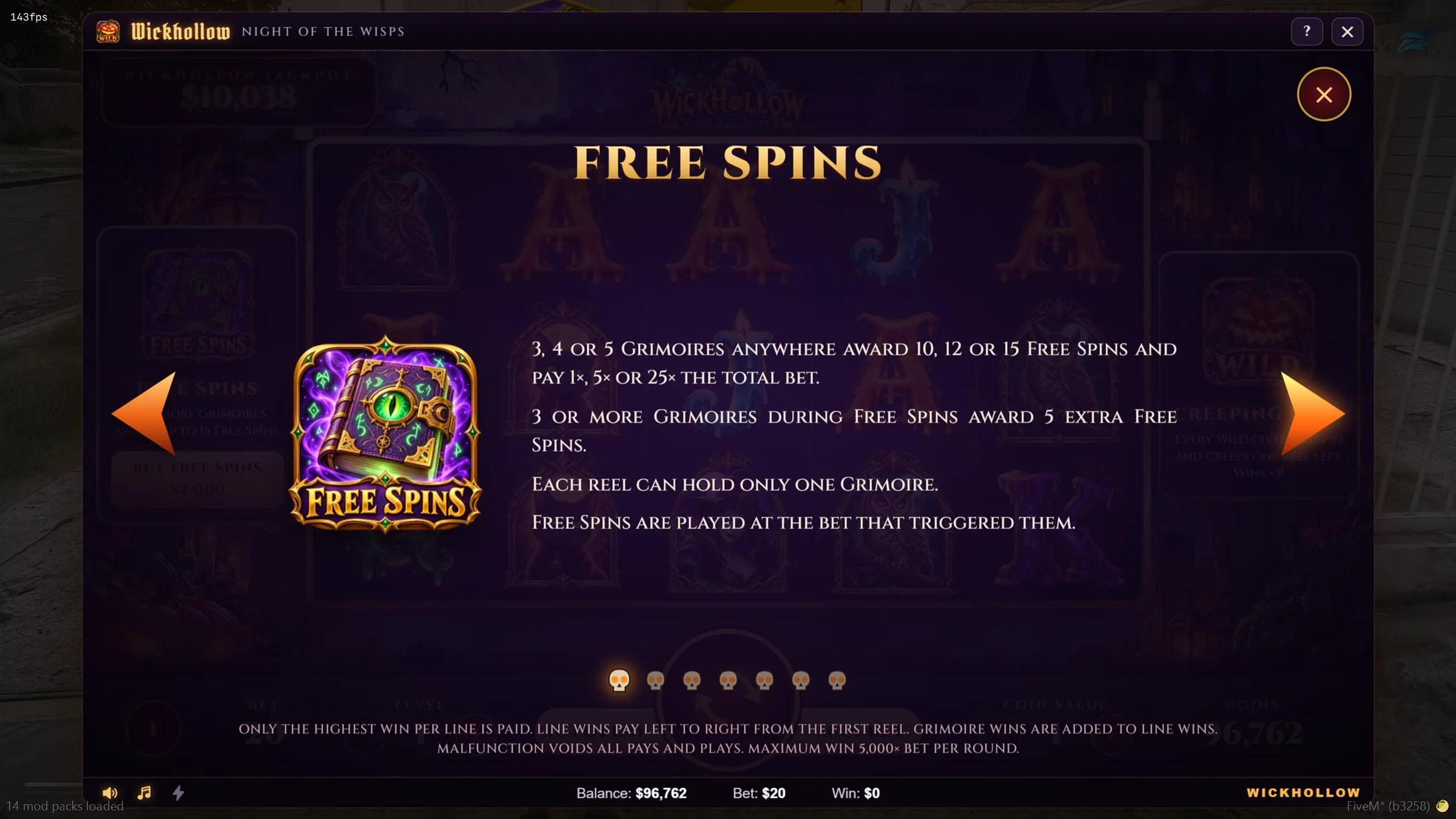 Wickhollow paytable page: 3, 4 or 5 Grimoires award 10, 12 or 15 free spins