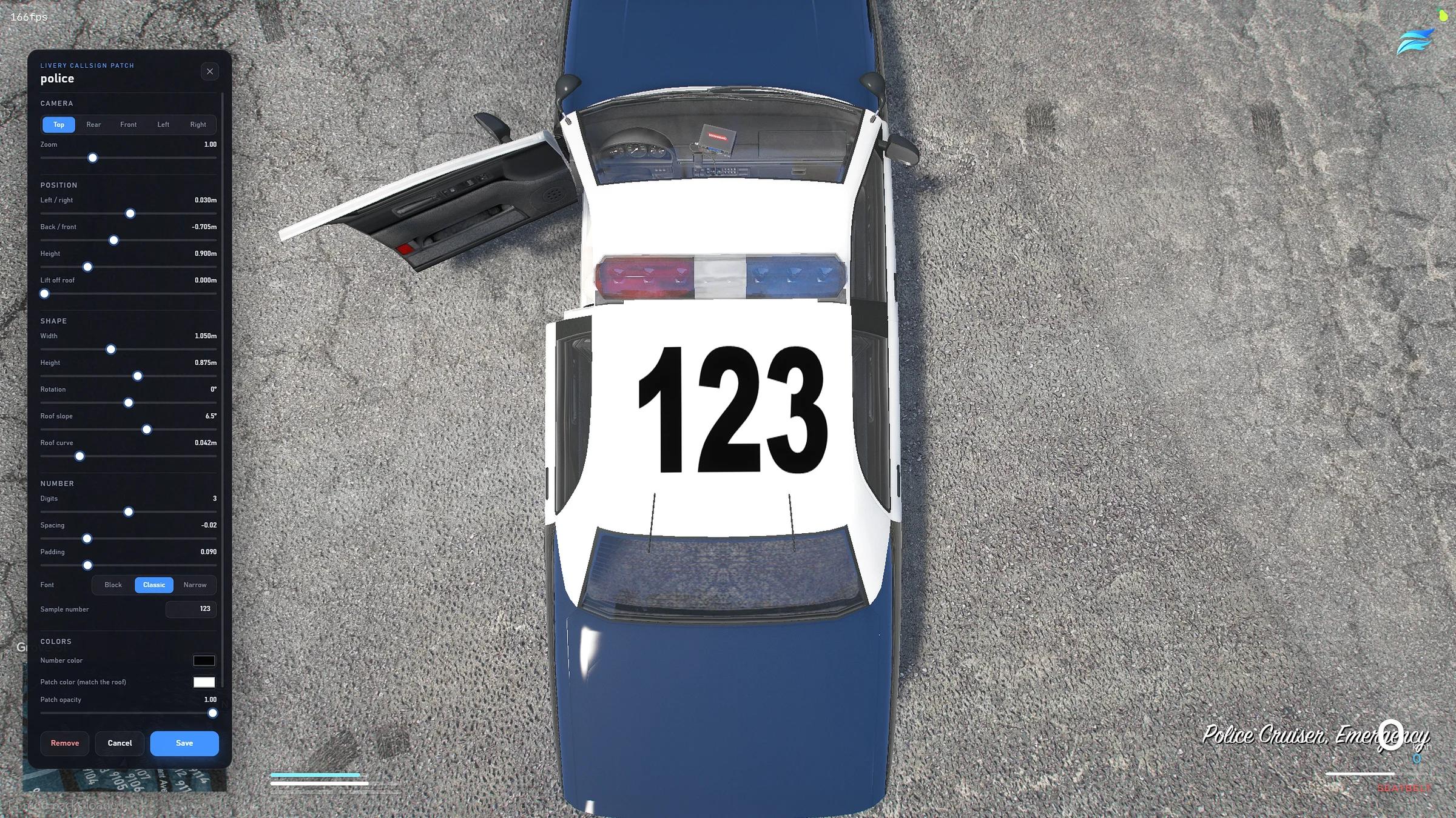 Livery callsign editor placing number 123 on a police cruiser roof