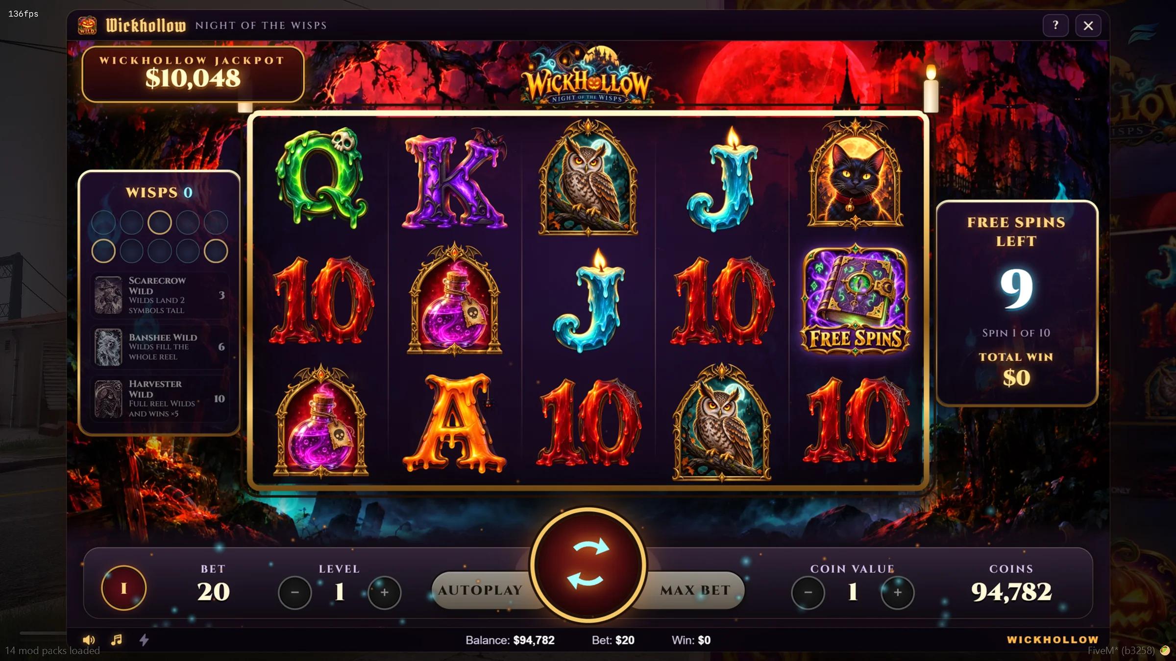 Wickhollow free spins in play with the Wisp collector and free spins left counter