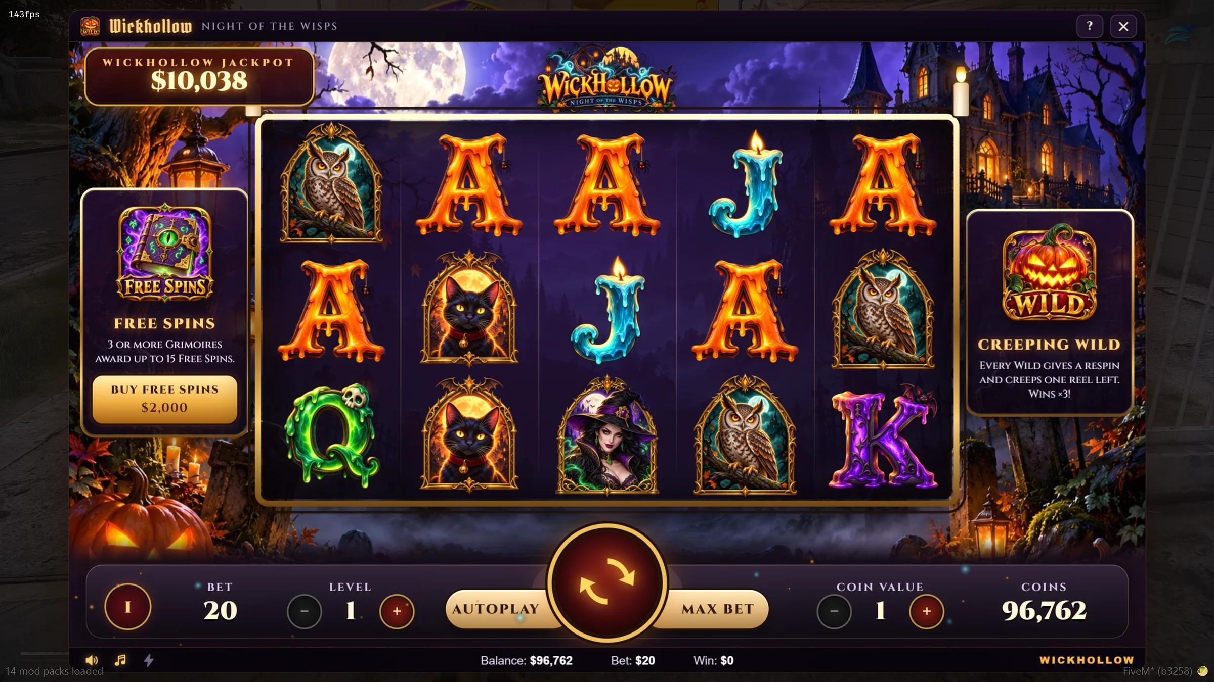 Wickhollow slot game screen with 5x3 reels, progressive jackpot and the Creeping Wild panel in FiveM