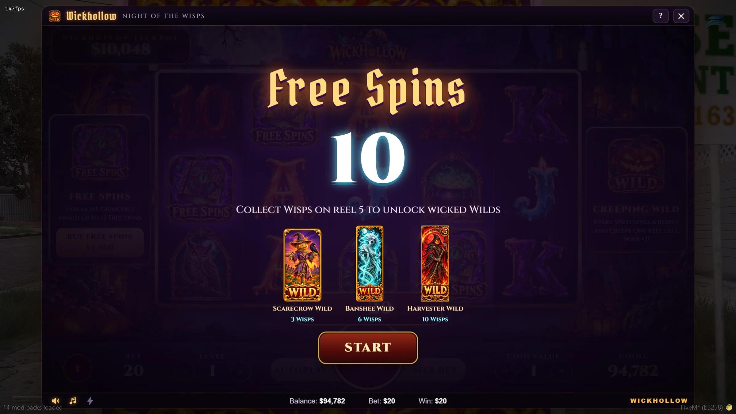 Free spins intro with the Scarecrow, Banshee and Harvester Wilds unlocked by collecting Wisps