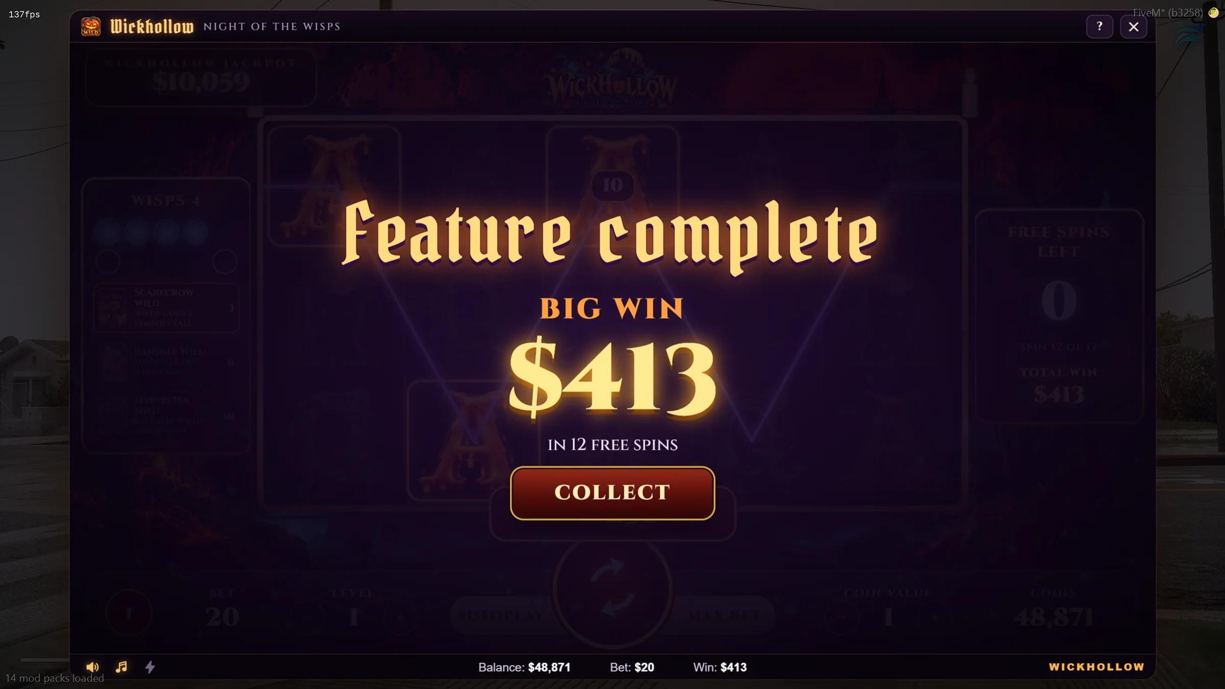Haunting Win big win celebration in the Wickhollow FiveM slot