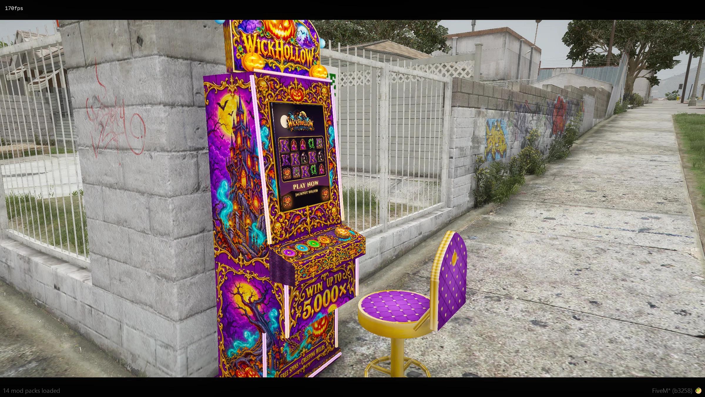 Custom Wickhollow slot machine cabinet prop with a live screen and purple stool in FiveM