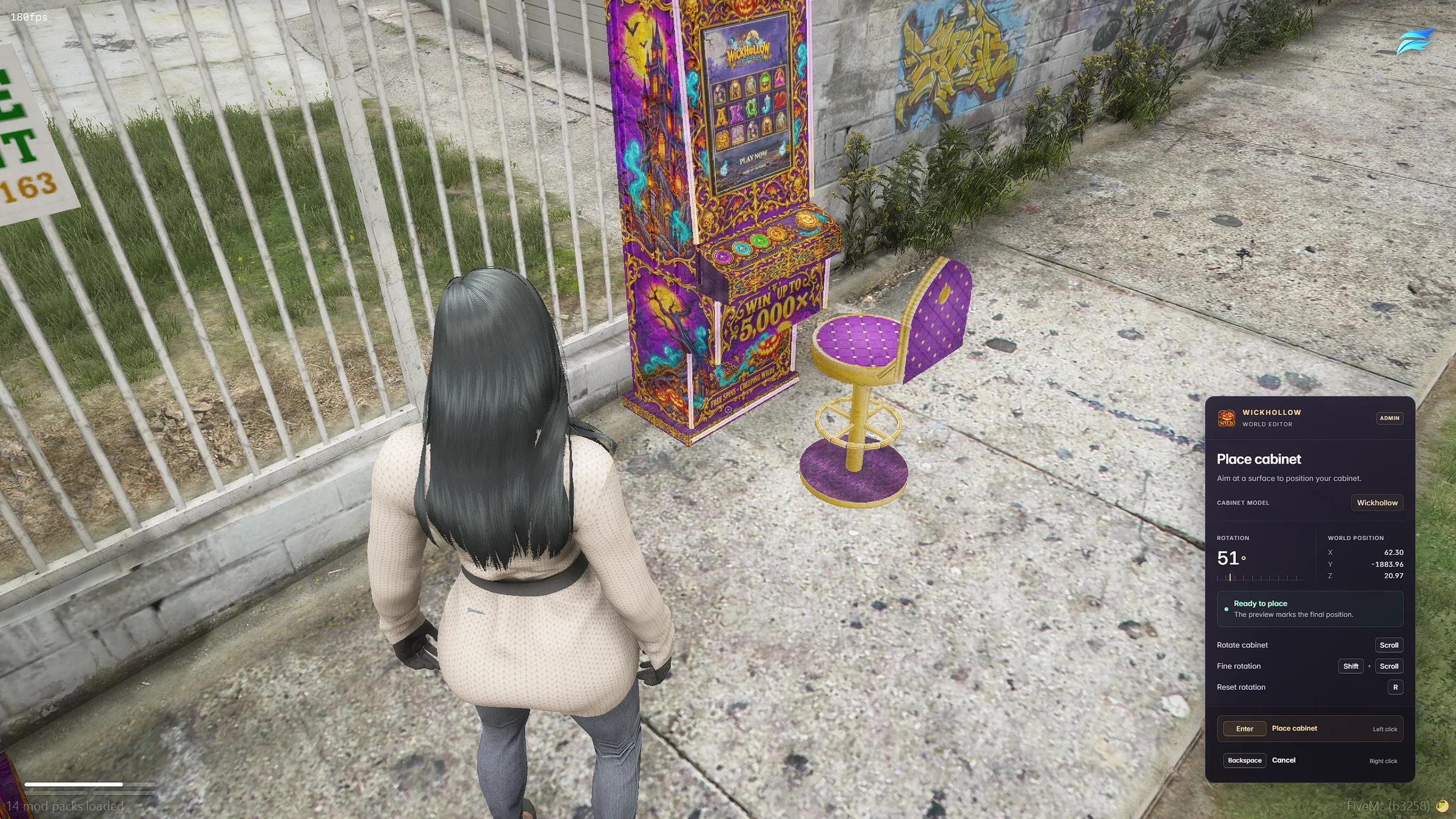 Admin placing a Wickhollow slot cabinet in FiveM with the in-game placement editor