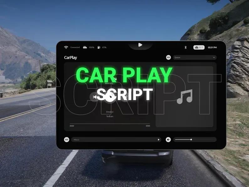 FiveM CarPlay script cover: in-car music screen with play controls, YouTube link field, queue and volume slider.